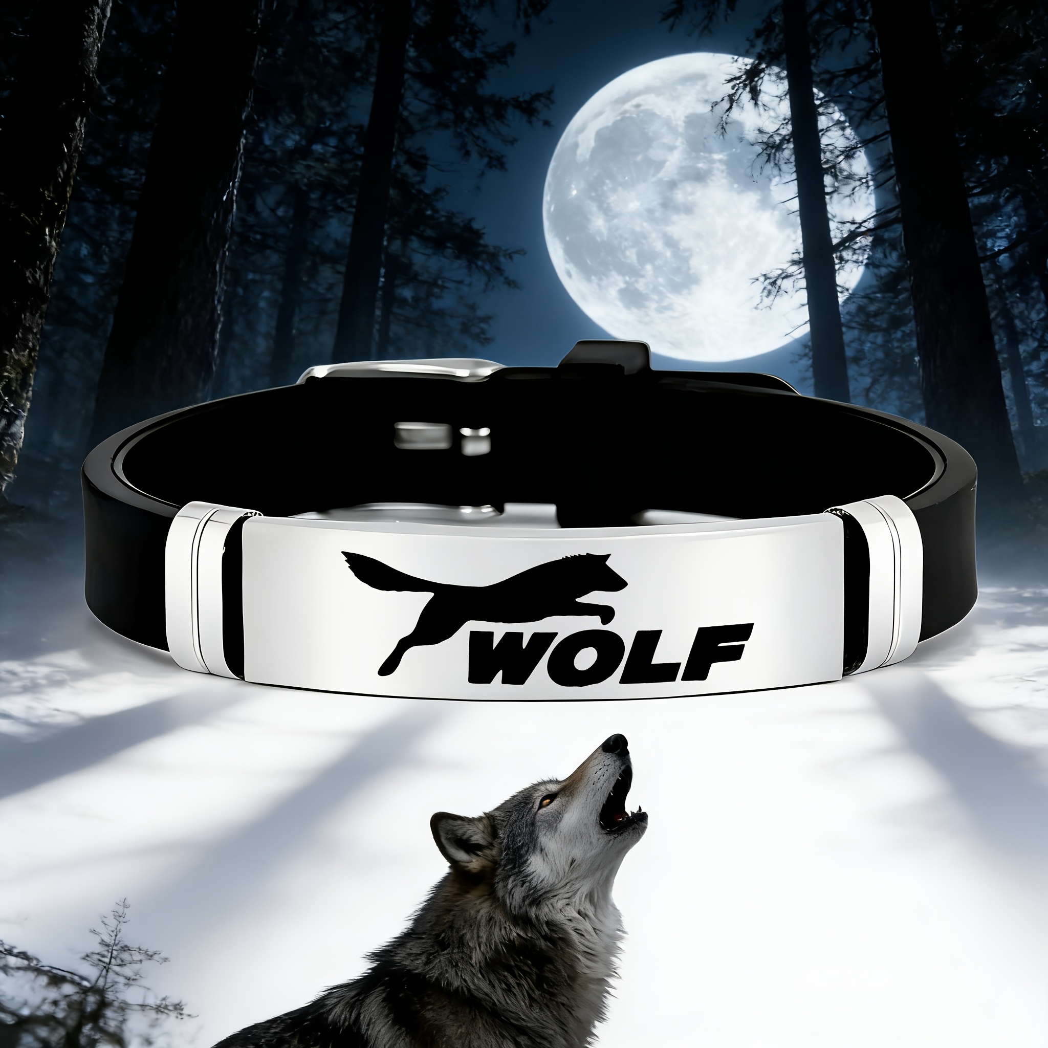 Handsome Wolf Howl Stainless Steel Silicone Bracelet